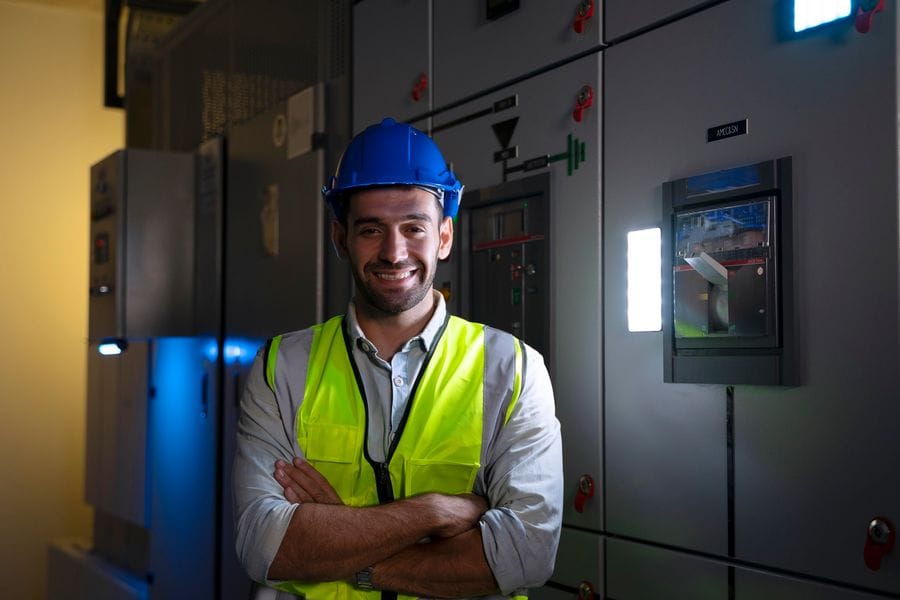 Lächelnder Ingenieur mit Schutzhelm vor Schaltanlage